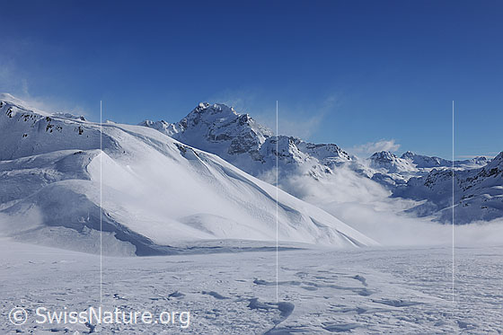 Foto: Schneefahne am Ofenhorn. Nebelmeer über der Hochebene Blatt.